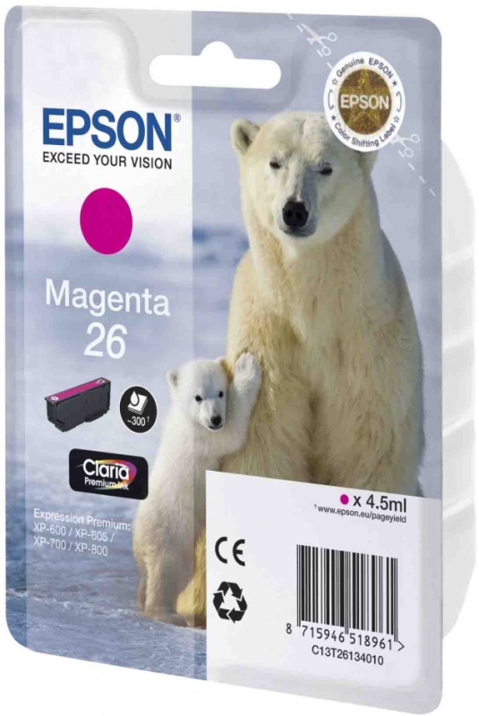 Уцененный товар Картридж Epson [ C13T26134010 ] (срок годности до 11.2017) T2613 (до 300 стр) для XP-600/605/700/800 (magenta, 4.5 ml)