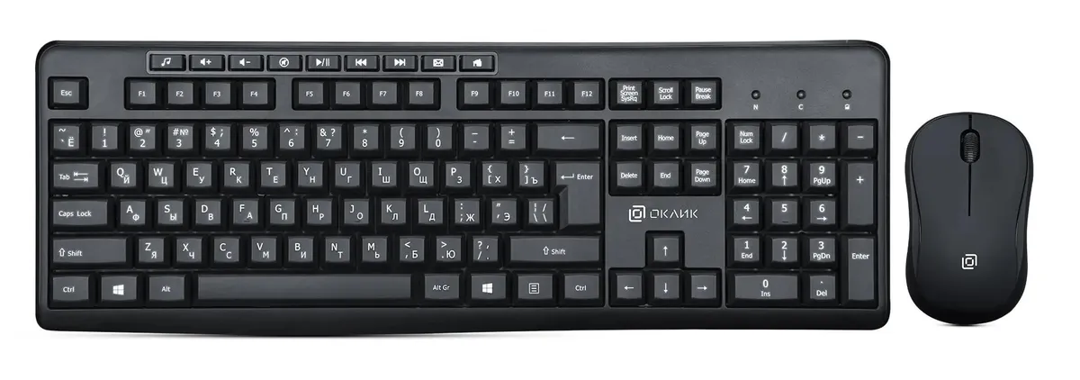 Беспроводные клавиатура + мышь Oklick 225M (черный, USB, мембранная кл-ра, полноразмерная кл-ра, оптическая мышь, 800 dpi, RF 2.4GHz, 2xAAA+1xAA) [ 14