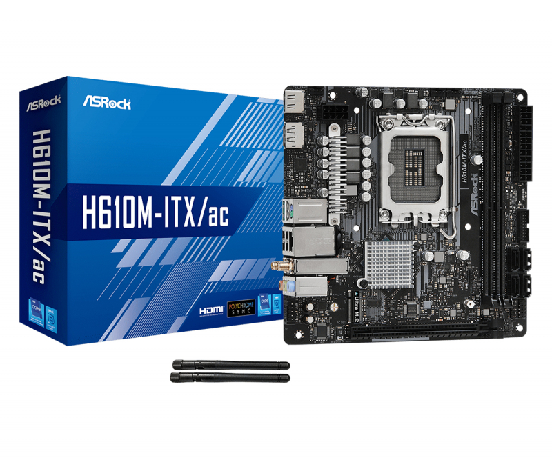 Материнская плата ASRock H610M-ITX/AC Retail (Intel, H610, S-1700, mITX, Dual channel DDR4-3200, 2 slots, (до 64 GB), SATA: 4, M.2 SSD: 1