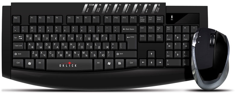 Беспроводные клавиатура + мышь Oklick 230M (черный, USB, 1000 dpi, 1xAA+1xAA)