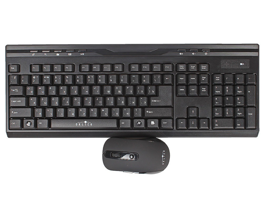 Уцененный товар Беспроводные клавиатура + мышь Oklick 280M (черный, Нет беспроводного адаптера в комплекте, USB)