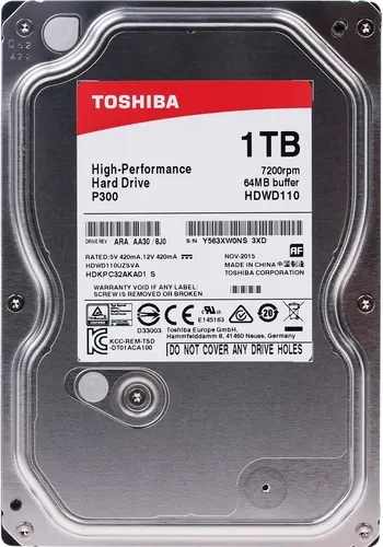 Жесткий диск SerialATA 3.5" 1000 GB Toshiba P300 Series (HDWD110UZSVA) (7200 об/м, 64 MB, SATA600, для высокопроизводительных ПК, Advanced Format 4Kn,